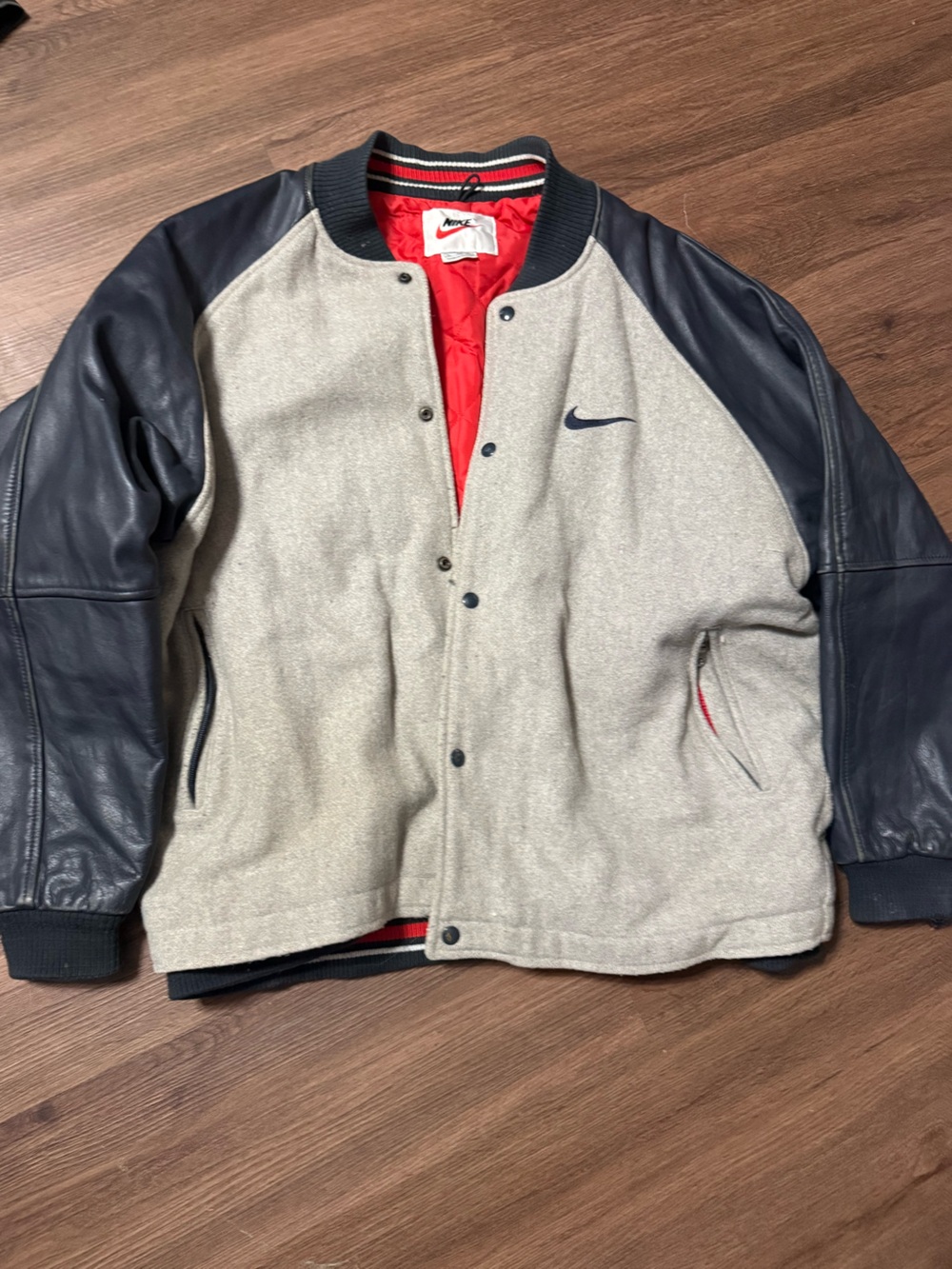 Nike Gray Body Navy Leather-Sleeve Varsity Bomber with Red Lining